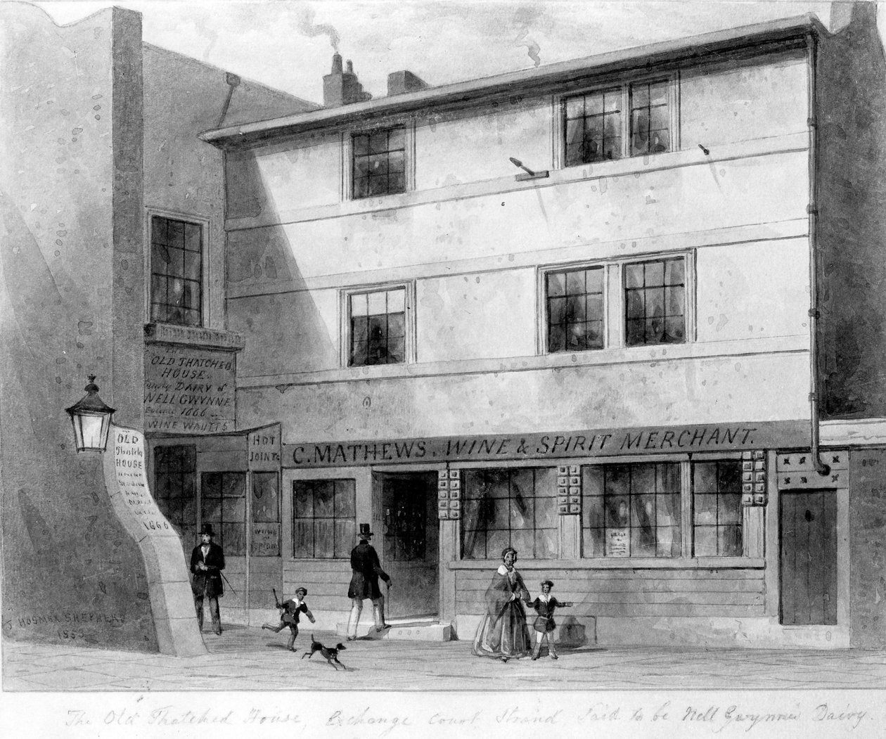 Utsikt over Old Thatched House, Exchange Court, 1853 av English School