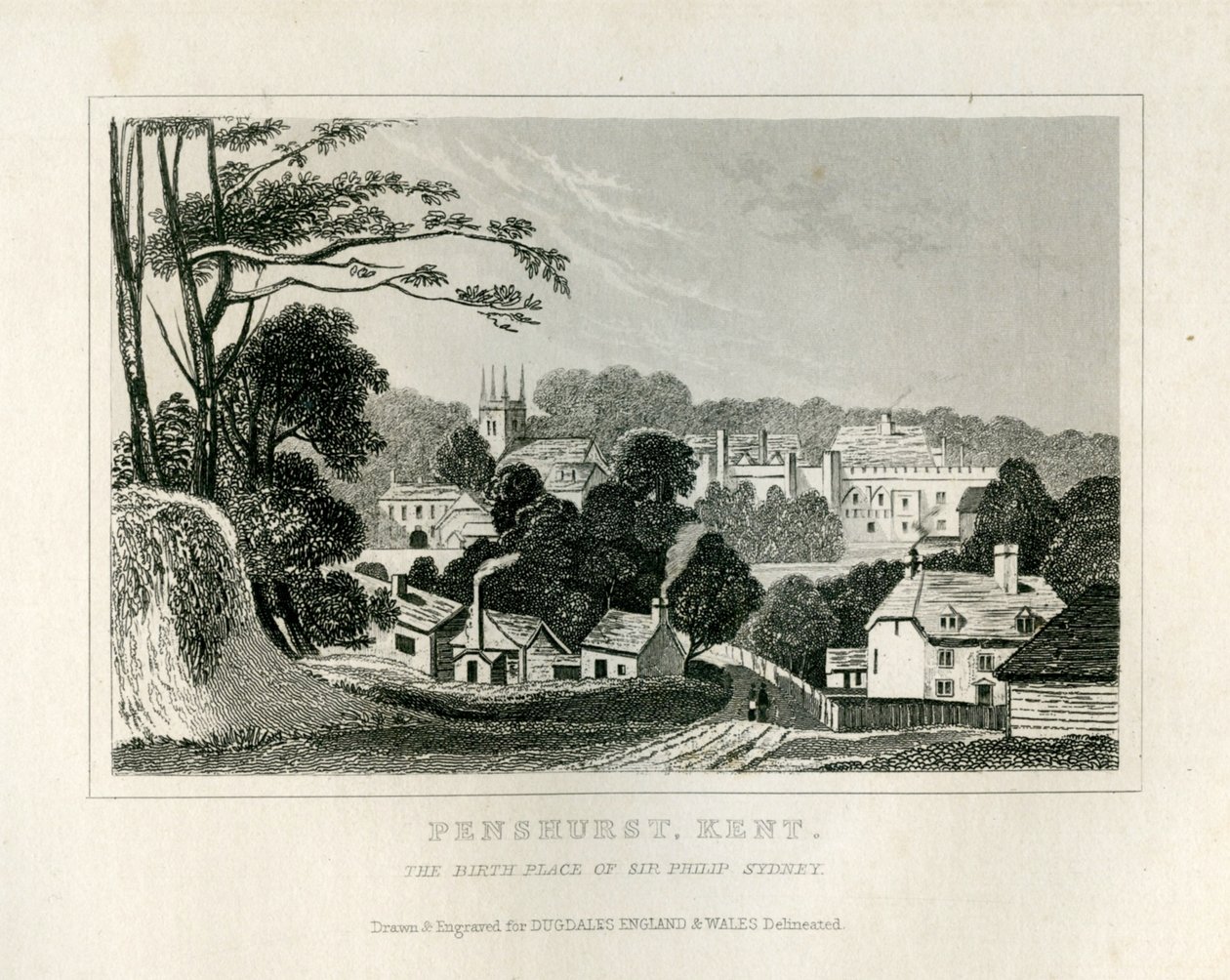 Utsikt over Penshurst, Kent, ca. 1840 av English School