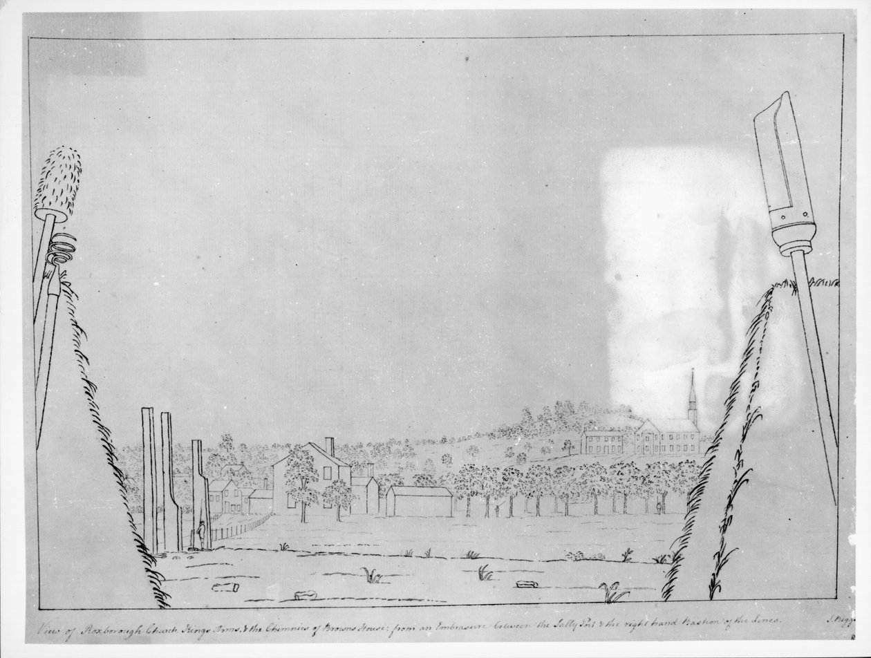 Utsikt over Roxborough Church, Kings Arms og skorsteinene til Browns House, fra en skygge mellom Sally-porten og høyre bastion av linjene, 1776 av English School