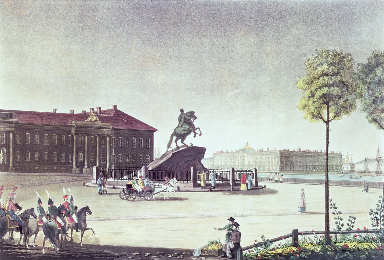 Utsikt over St.Peter the Great Square og St.Petersburg Senate, utgitt av Boyer, London 1815 (farge litho) av English School