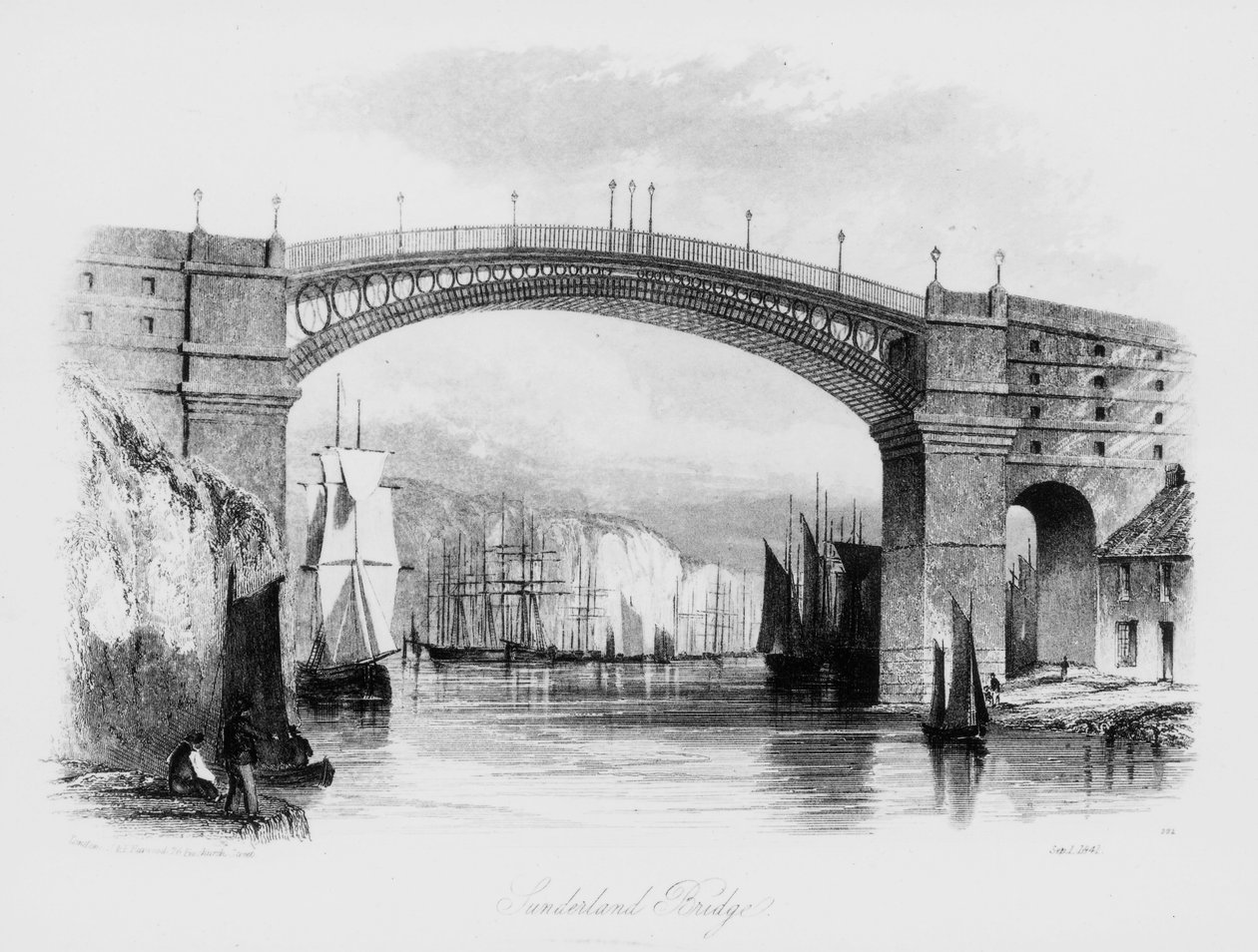 Utsikt over Sunderland Bridge, 1841 av English School