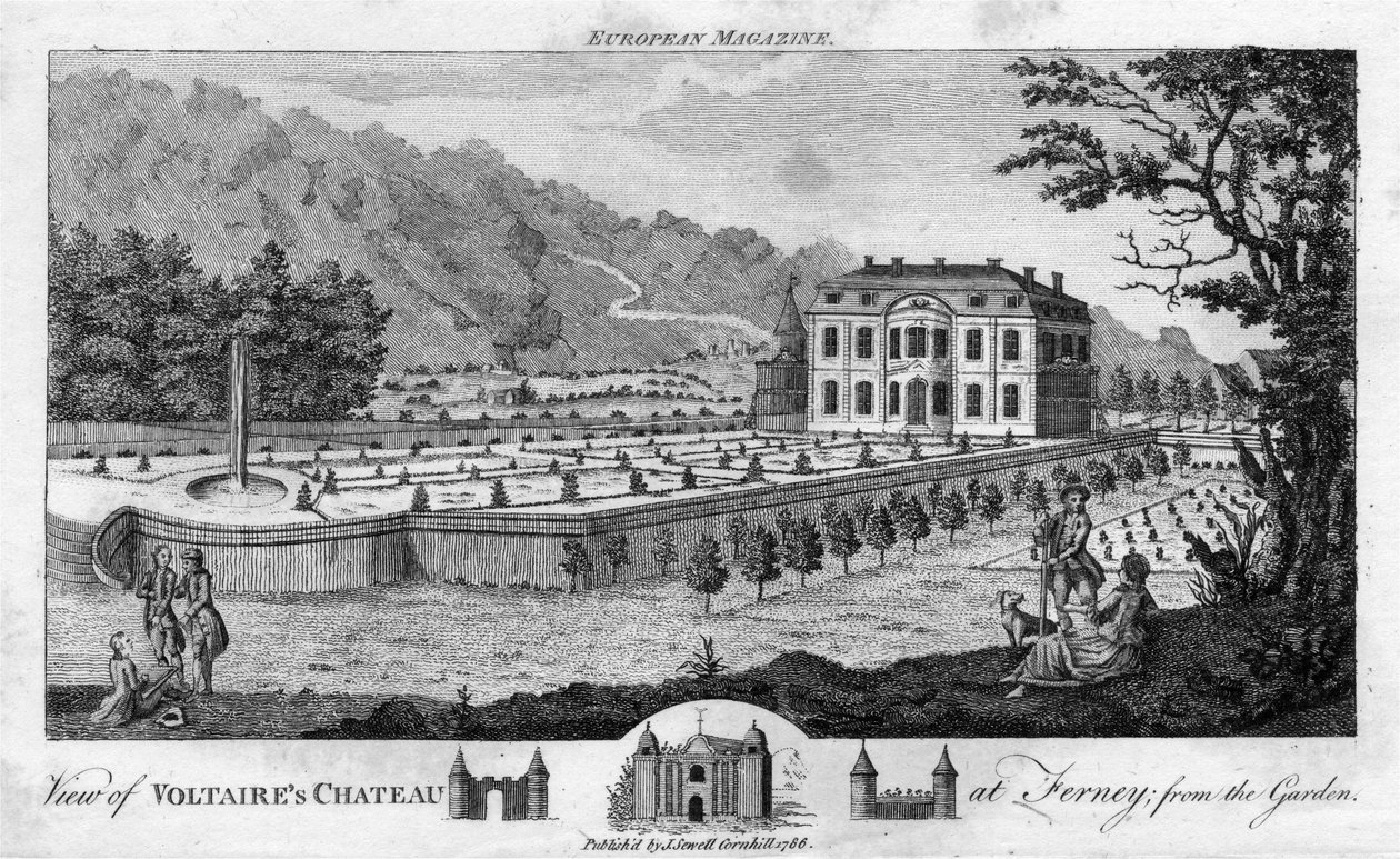 Utsikt over Voltaires Chateau ved Ferney, fra Garden, pub. 1786. av English School