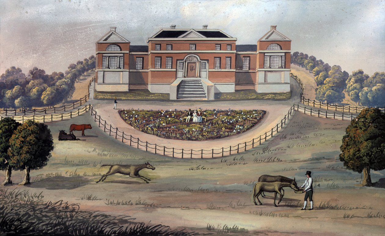 Utsikt over et landsted i en park, ca. 1825 (gouache på papir) av English School