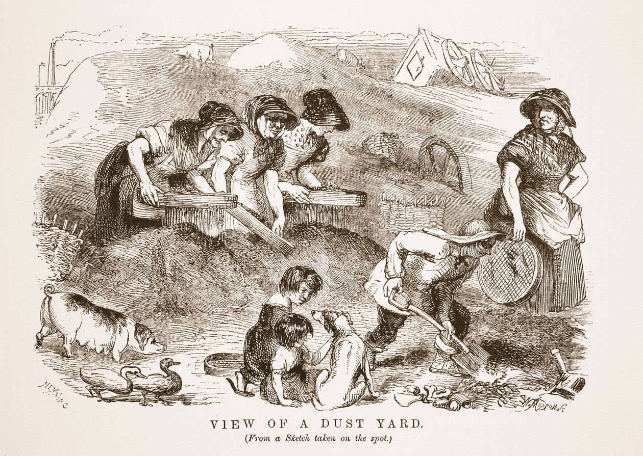 View of a Dust Yard, illustrasjon fra London Labor og London Poor av Henry Mayhew, pub. 1862 av English School