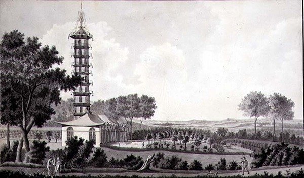 Utsikt over en nederlandsk hage med en kinesisk pagode, ca. 1770 (penn og blekk med akvarell på papir) av English School