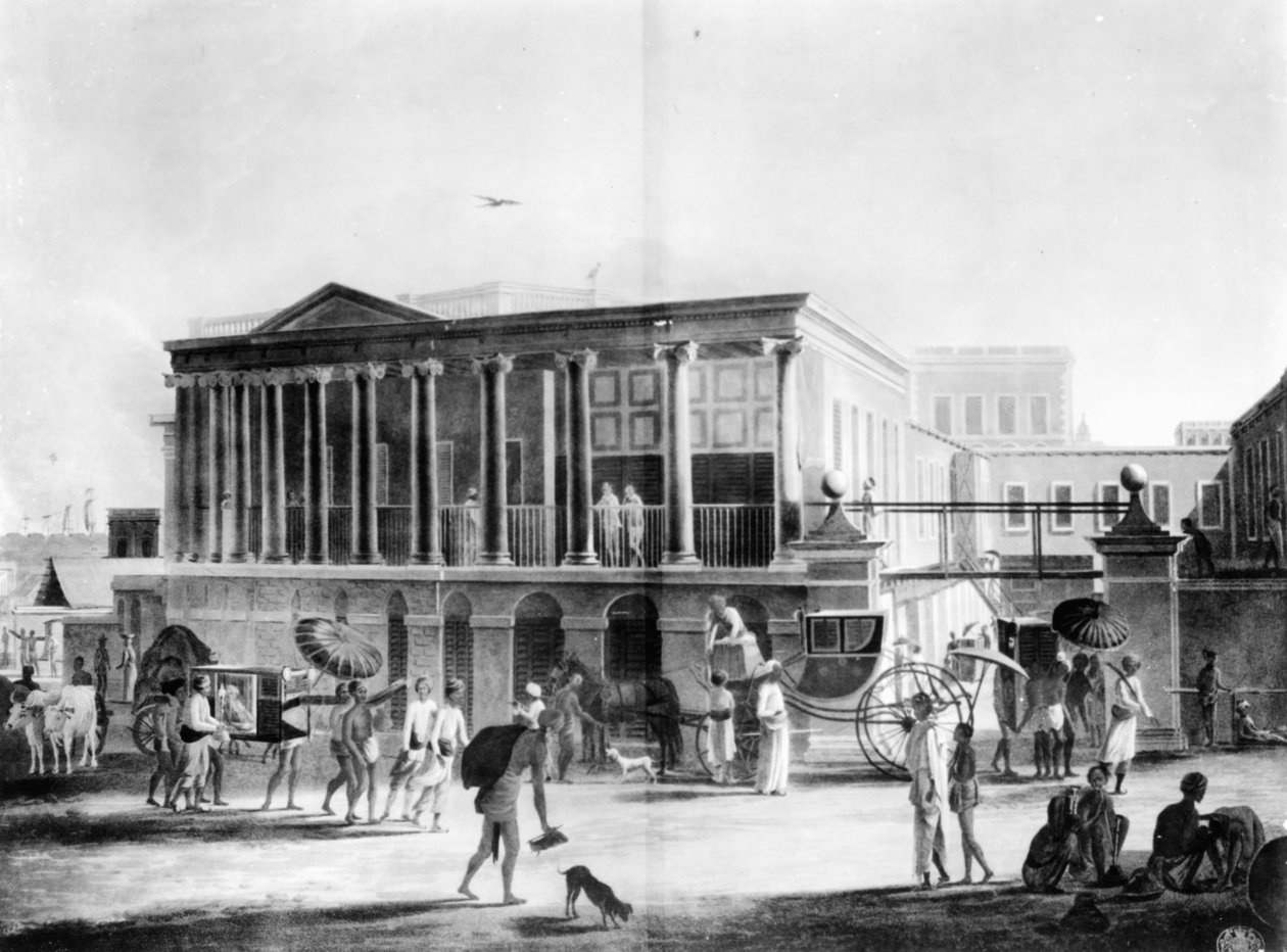Utsikt over et hus, fabrikk og basar, i Calcutta, gravert av Francis Jukes, 1795 (akvatint) av English School