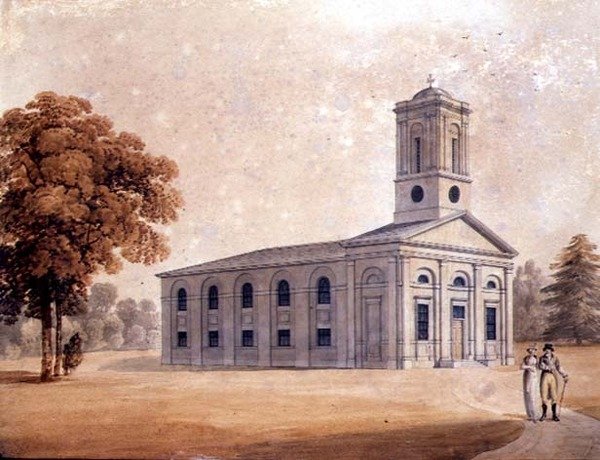 Utsikt over en nyklassisk kirke i en park, ca. 1790 (akvarell på papir) av English School