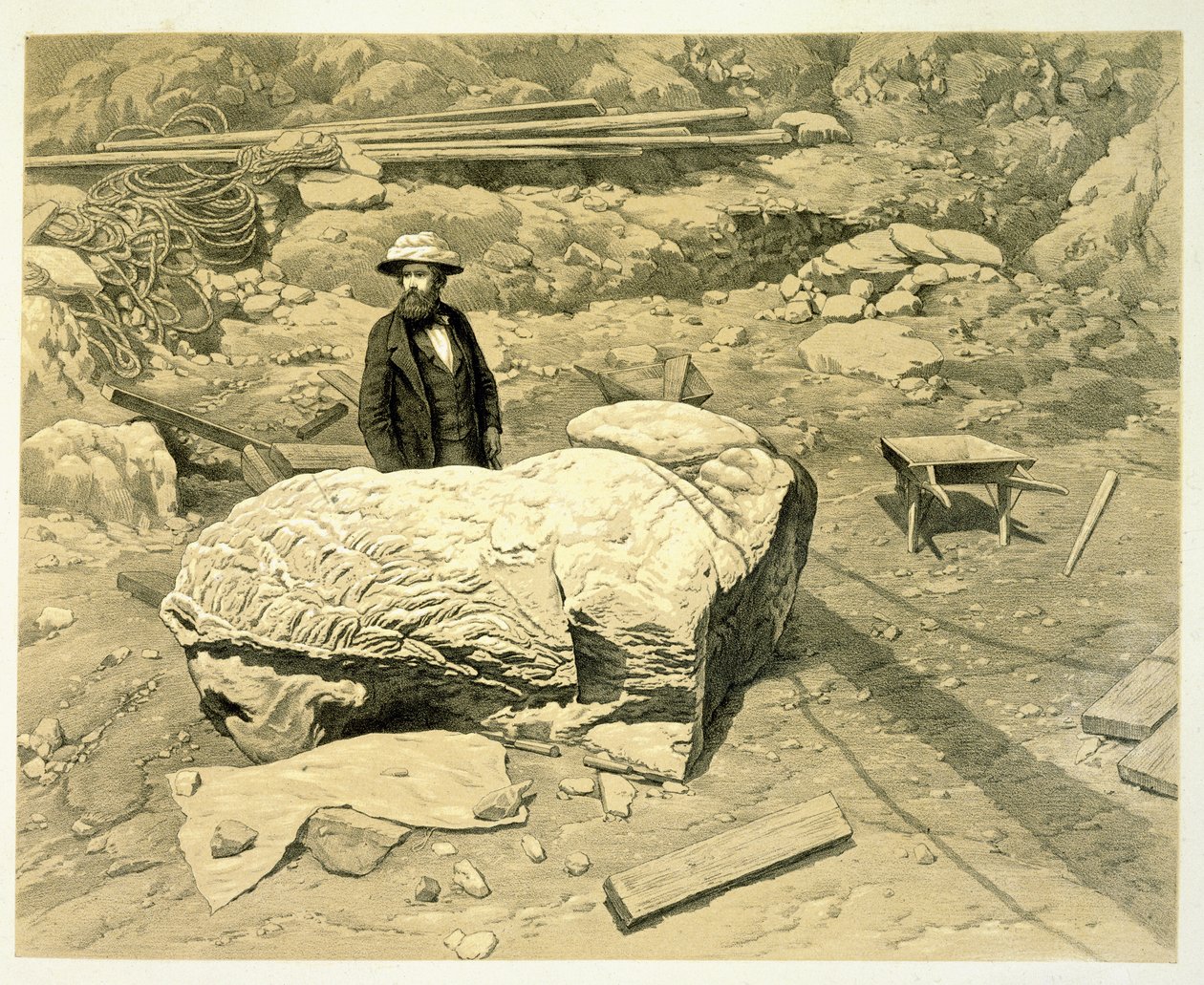 Utsikt over en kolossal løve på siden, med Newton bak, fra A History of Discoveries at Halicarnassus, Cnidus, & Branchidae, av Charles Thomas Newton (1816-94) publisert 1862 av English School