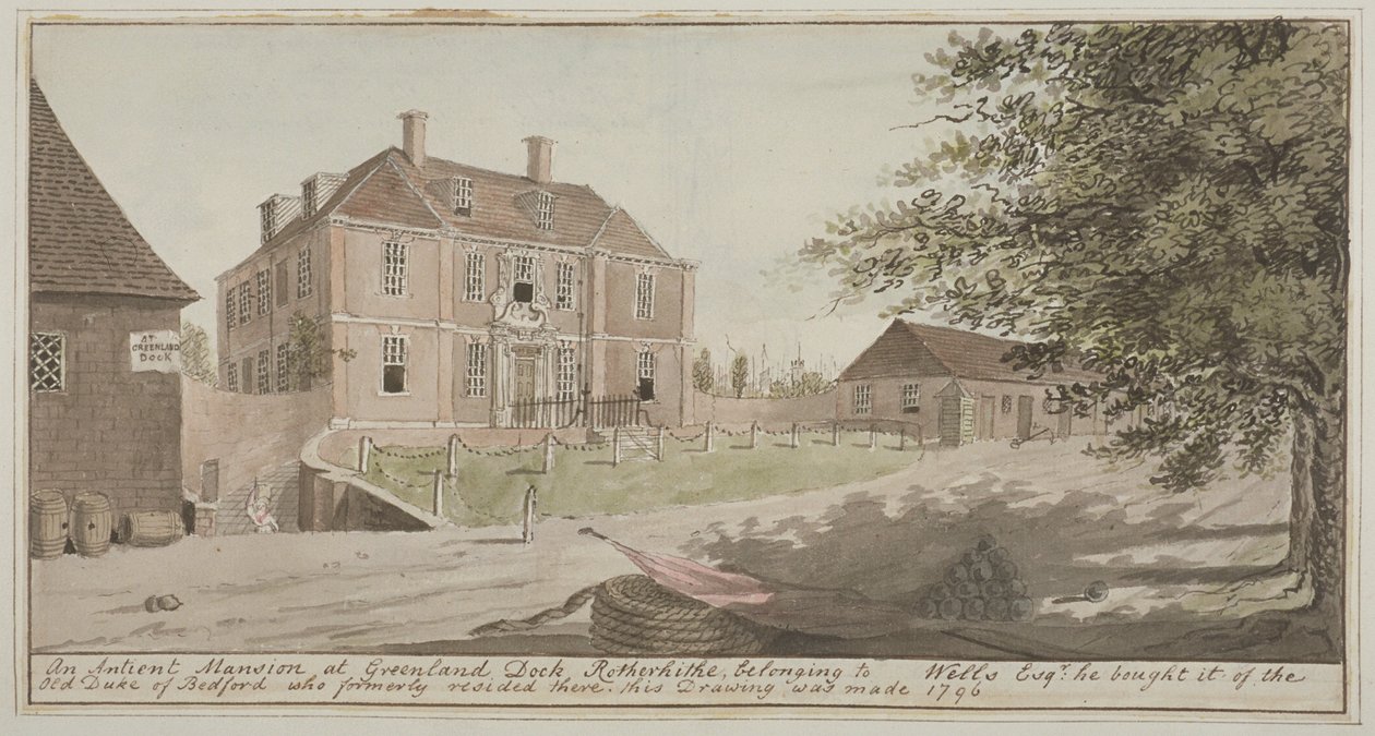 Utsikt over et gammelt herskapshus ved Greenland Dock i Rotherhithe, Bermondsey, 1796 (wc på papir) av English School