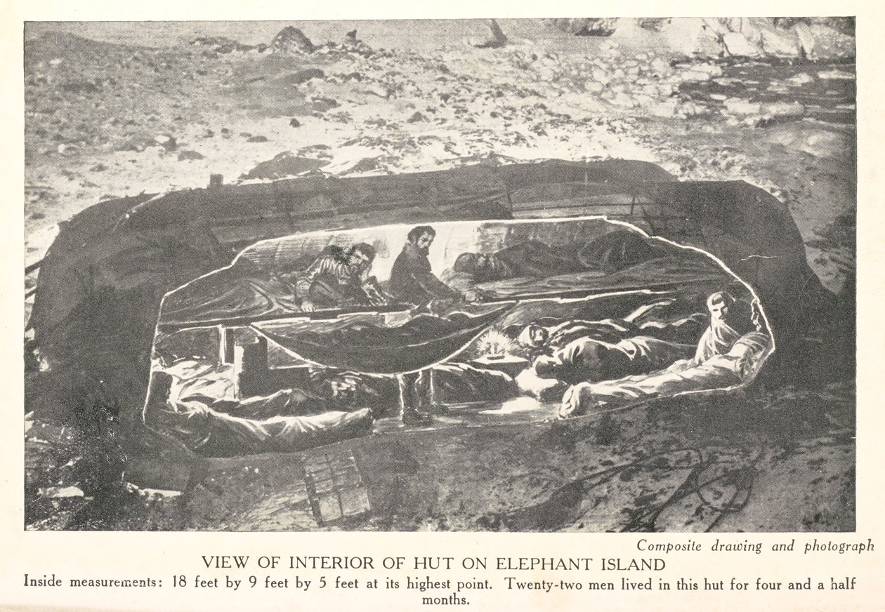 Utsikt over interiøret i hytta på Elephant Island, fra "South: the story of the 1914-1917 expedition", av Sir Ernest Shackleton av English School