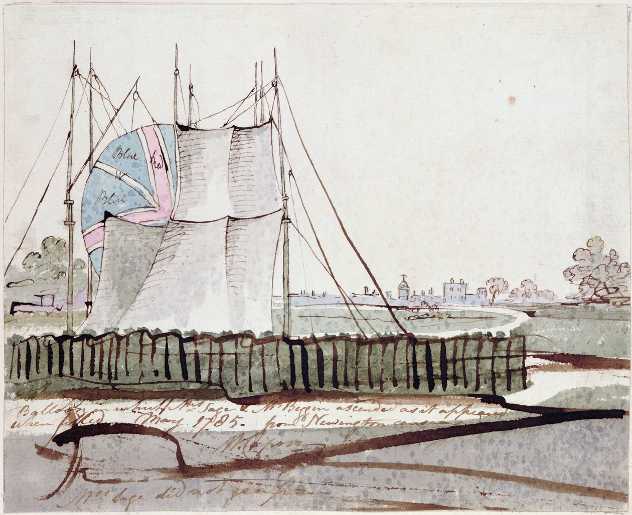 Utsikt over ballongen i Newington Causeway, mai 1785 (blekk og wc på papir) av English School