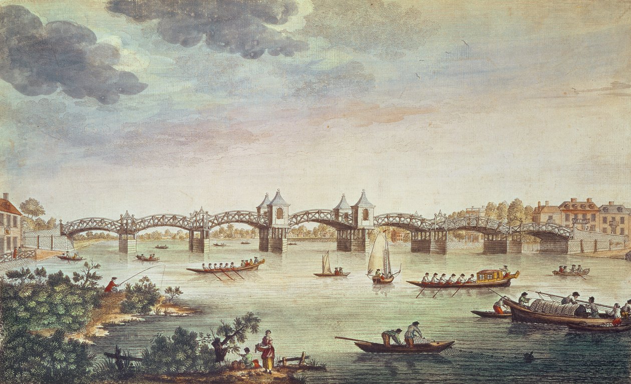 Utsikt over broen over Themsen ved Hampton Court, gravert av John Bowles (fl. 1724-56) av English School