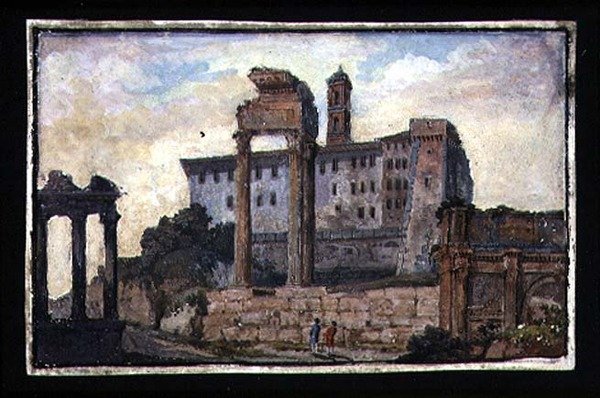 Utsikt over Capitol og templene til Castor og Pollux, Roma, ca. 1800 (gouache på papir) av English School