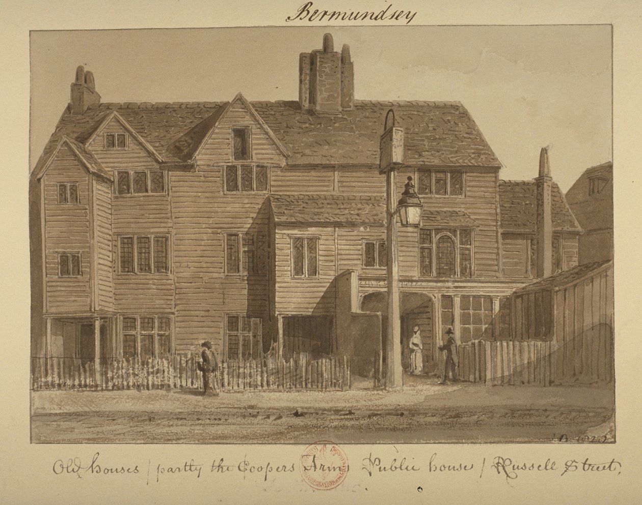 Utsikt over Coopers Arms Inn, Russell Street, 1828 (vask på papir) av English School