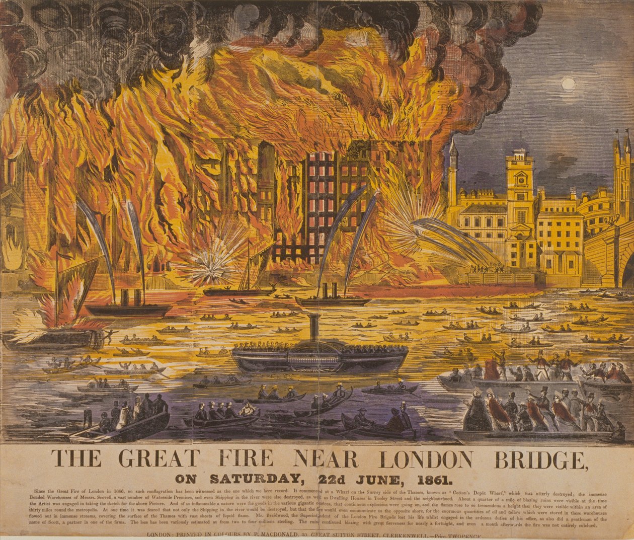 View of the Cottons Wharf Fire, 1861 (fargetresnitt) av English School