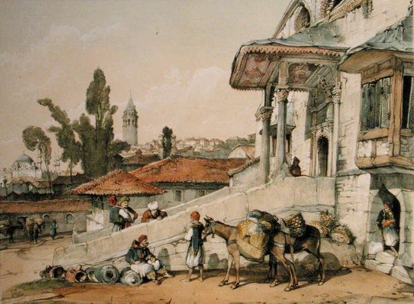 Utsikt over distriktet Galata, tidlig på 1800-tallet (penn og blekk på papir) av English School
