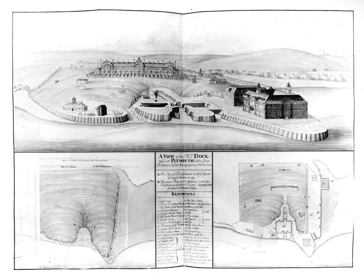 Utsikt over Dockyard i Plymouth, 1608 (wc & penn og blekk på papir) av English School