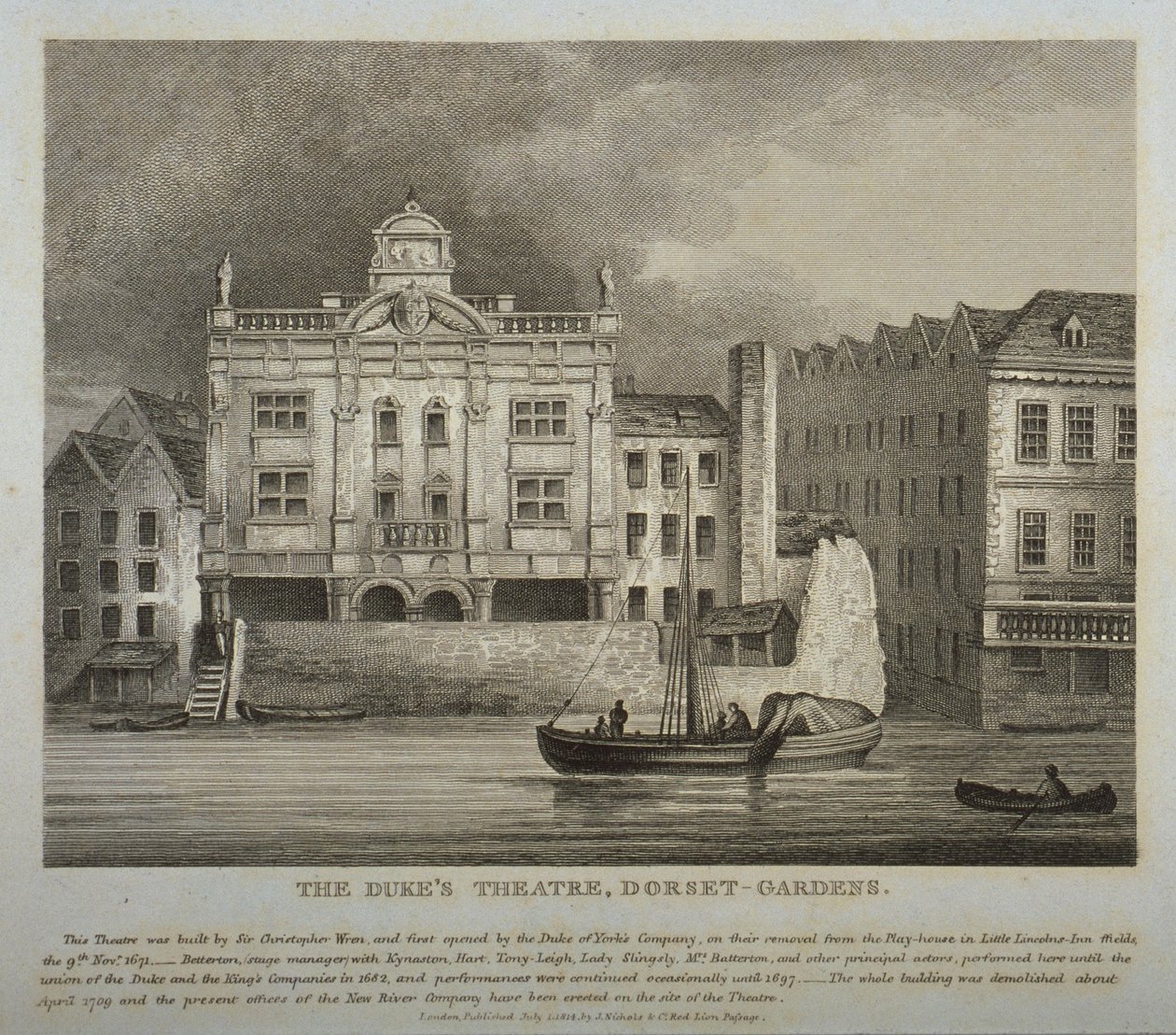 Utsikt over Dukes Theatre, Dorset Gardens, fra Themsen, 1814 av English School