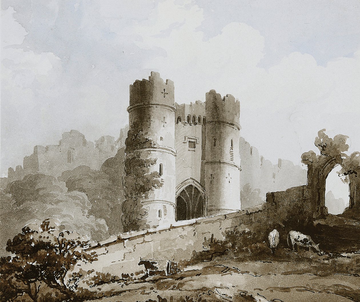Utsikt over porten til Carisbrooke Castle, Isle of Wight av English School