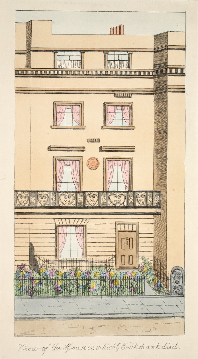 Utsikt over huset der George Cruikshank døde, pub. ca. 1878 (håndfarget gravering) av English School