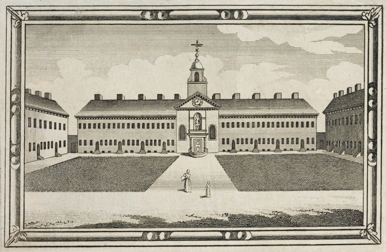 Utsikt over Ironmongers Company Almshouses, Kingsland Road, Hackney, ca. 1820 av English School