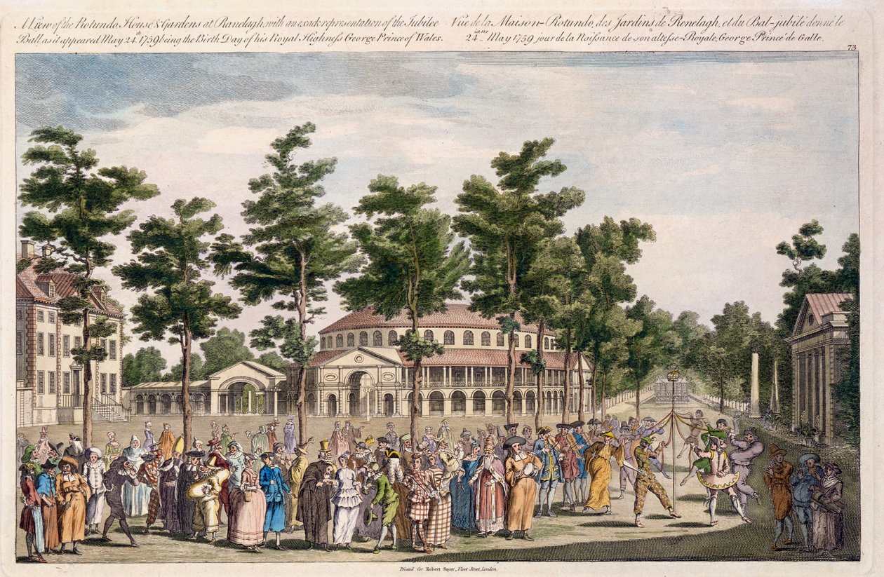 Utsikt over Jubilee Ball, Ranelagh Gardens, i feiringen av fødselsdagen til George, Prince of Wales, 24. mai 1759 (håndfarget gravering) av English School