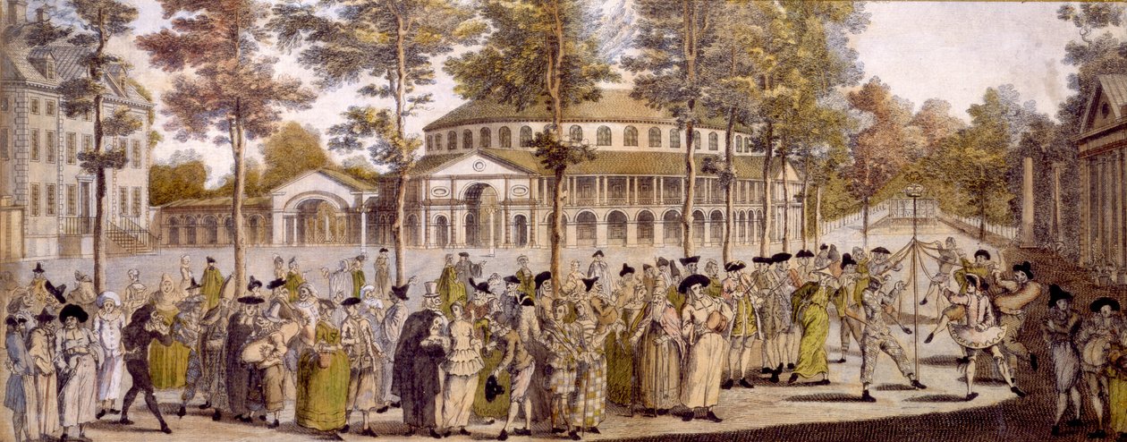 Utsikt over Jubilee Ball, Ranelagh Gardens, i feiringen av fødselsdagen til George, Prince of Wales, 24. mai 1759 (håndfarget gravering) av English School