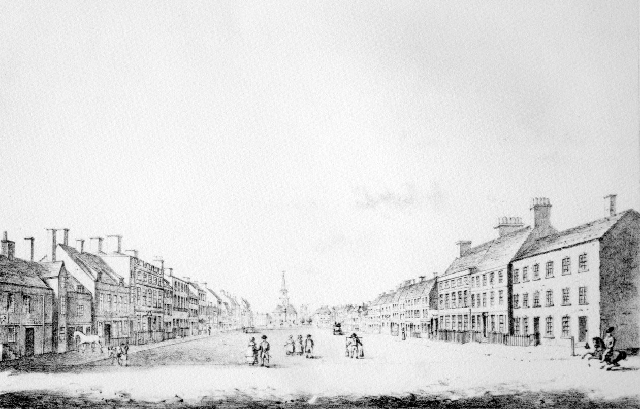 Utsikt over Principal Street of Stockton i County of Durham, 1796 av English School