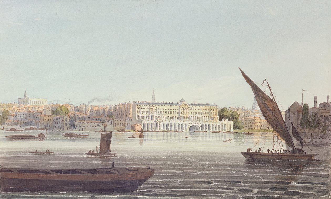 Utsikt over elvefronten til New Somerset House, fra Bankside, 1796 av English School