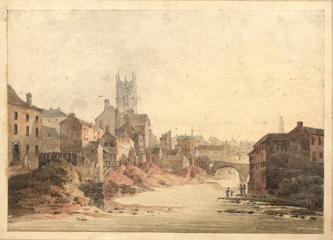 Utsikt over elven Irwell, Manchester, ca. 1820-30 (wc på papir) av English School