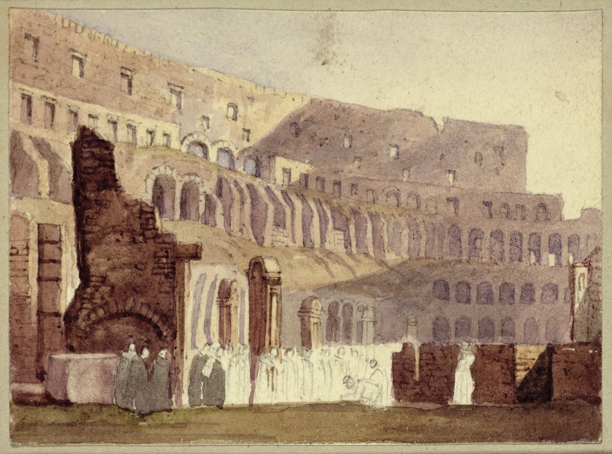 Utsikt over det romerske Colosseum, ca. 1800 (wc og blyant på papir) av English School