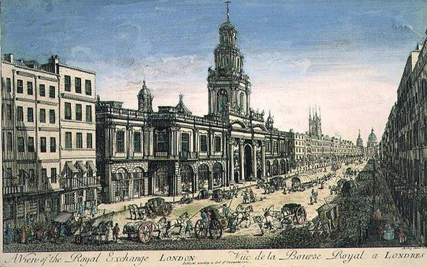 Utsikt over Royal Exchange, London, gravert av Pierre Moithey av English School