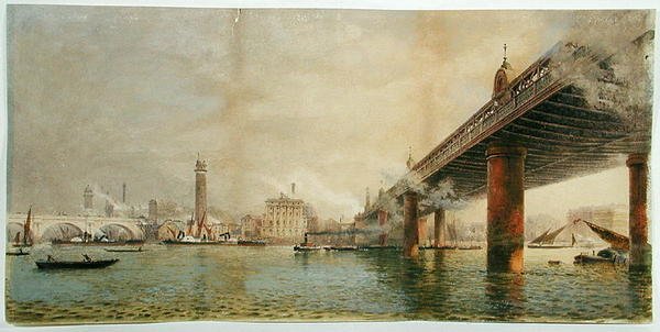 Utsikt over South Bank of Themsen mellom Waterloo og Hungerford Bridges, ca. 1870 (akvarell på papir) av English School