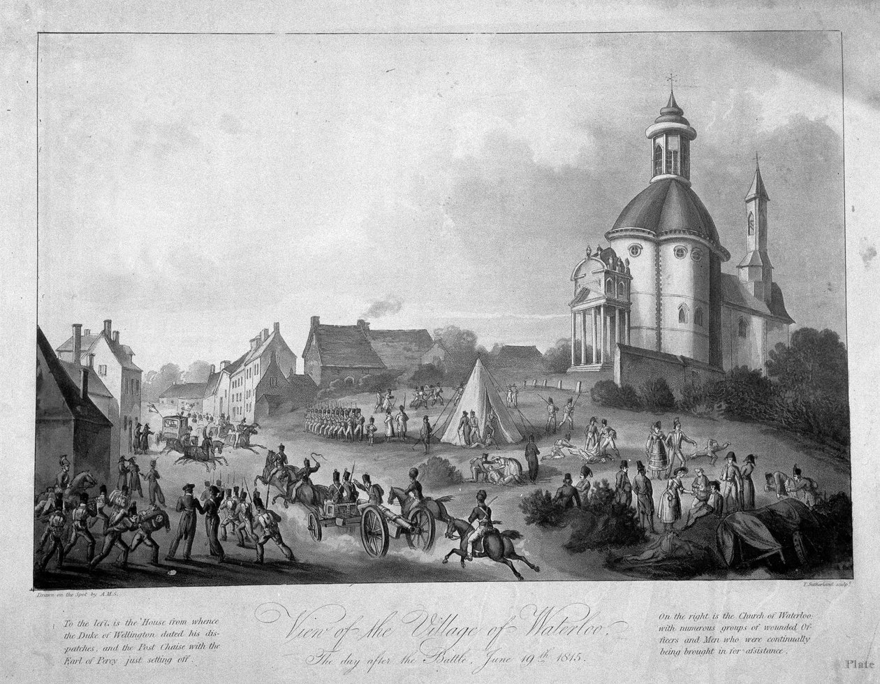 Utsikt over landsbyen Waterloo dagen etter slaget, 19. juni 1815, 1816 (farget akvatint) av English School