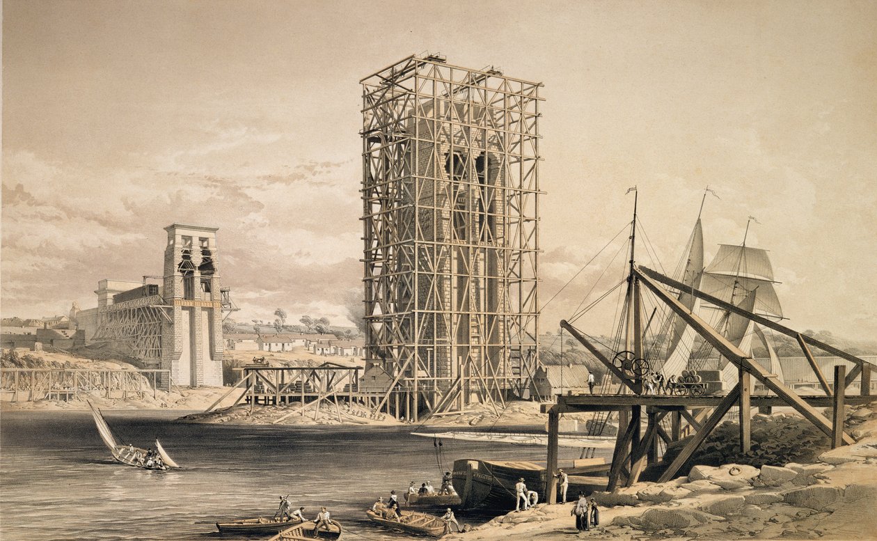 Utsikt over konstruksjonen av Britannia Tubular Bridge av English School