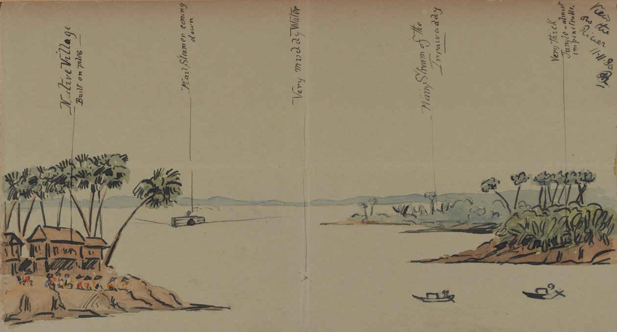 View on the River, 1886 (penn og blekk med wc på papir) av English School