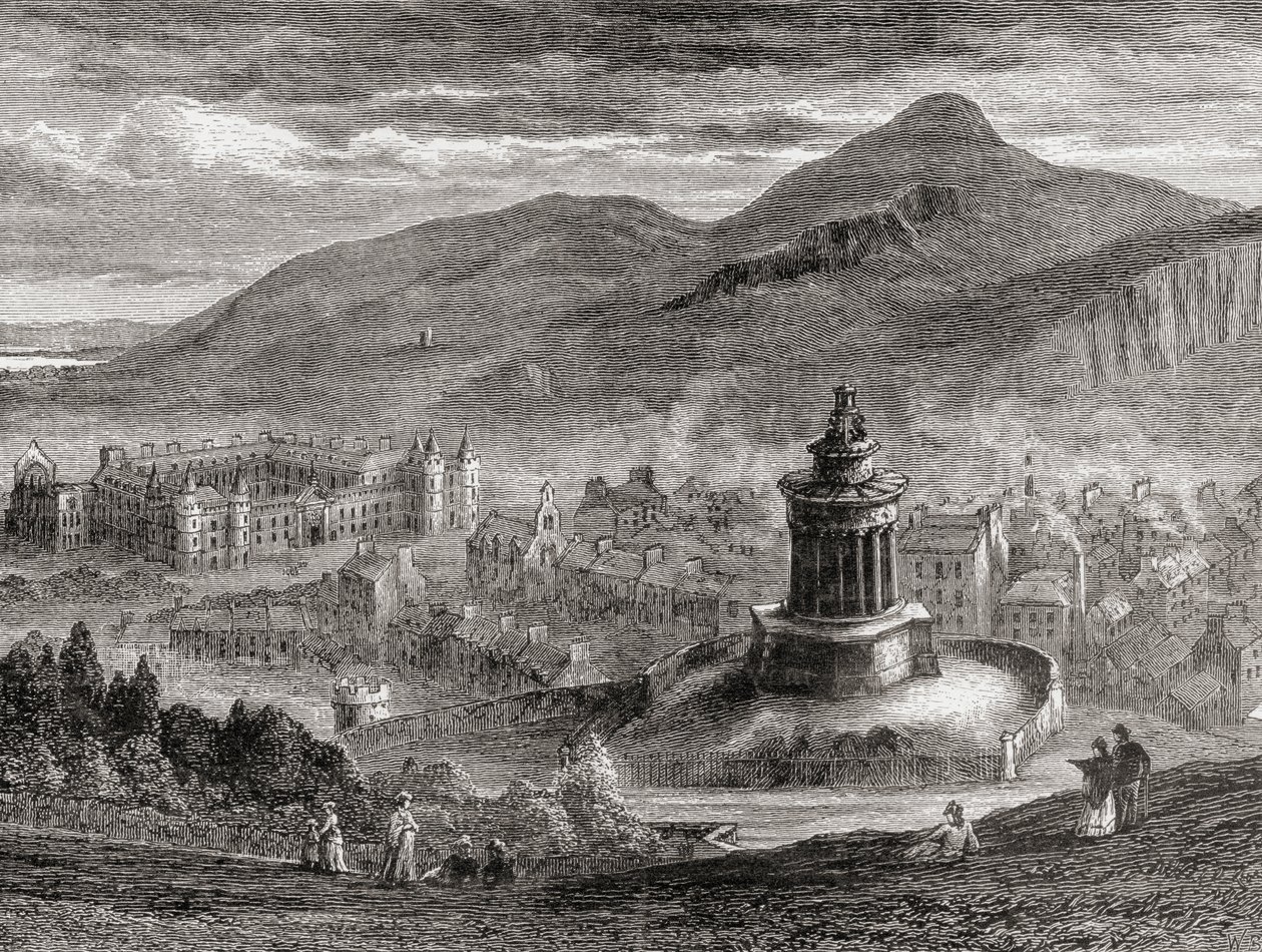 Utsikt over Edinburgh fra The Burns Monument på Calton Hill, fra 