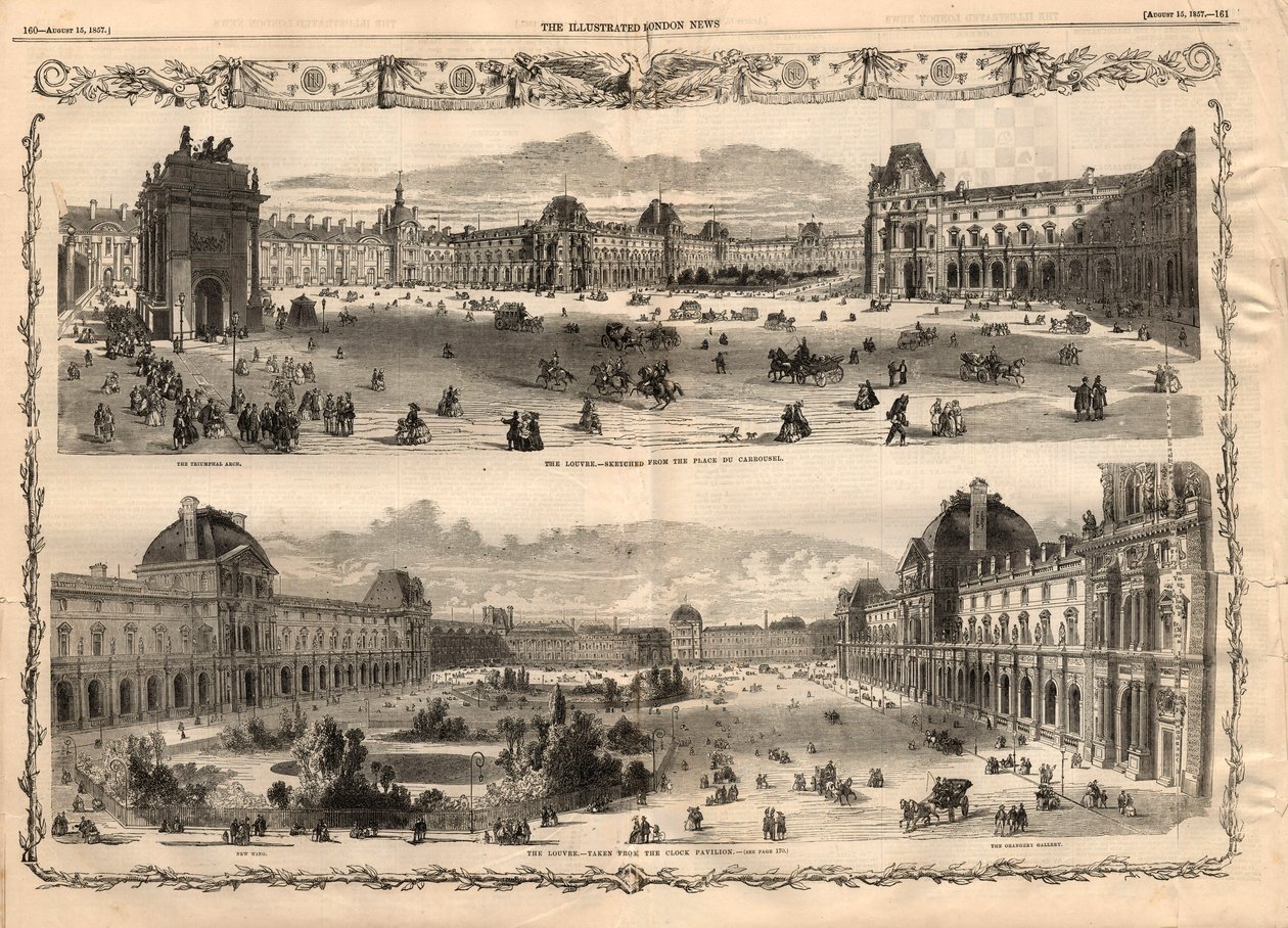 Utsikt over Cour Carree du Louvre i Paris. Gravering i "The illustrated London News"" av 15. august 1857. av English School