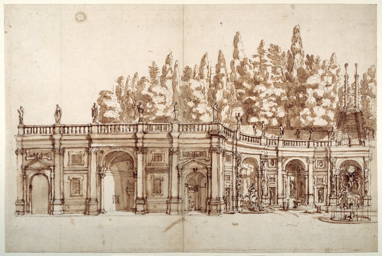 Villa Aldobrandini på Frascati (penn og brunt blekk på papir) av English School