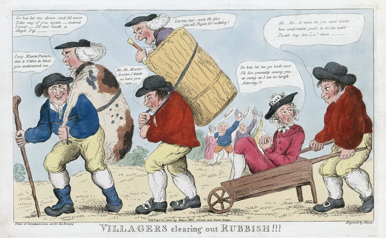 Landsbyboere rydder søppel!!!, pub. 1800 (håndfarget gravering) av English School