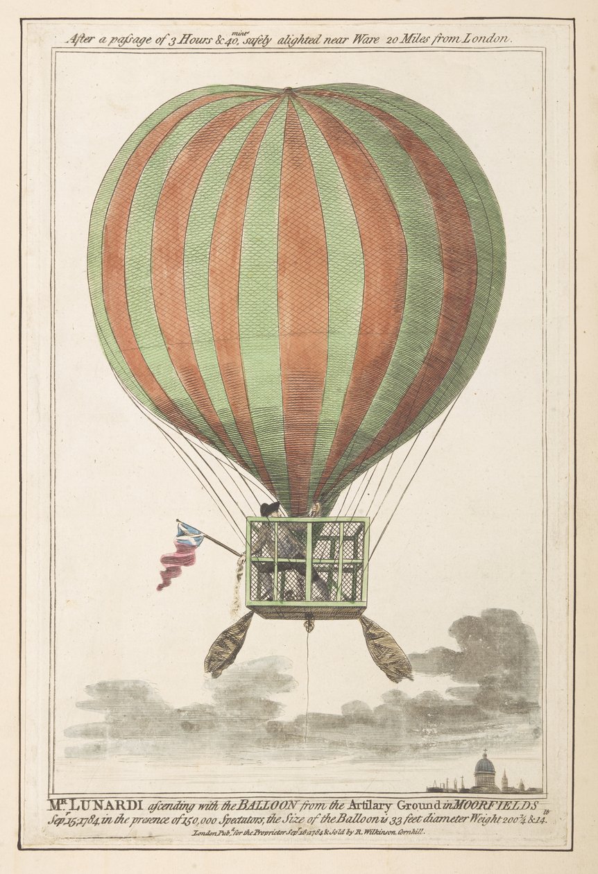 Vincent Lunardi i luften etter sin oppstigning fra Moorfields, september 1784 (farget gravering) av English School