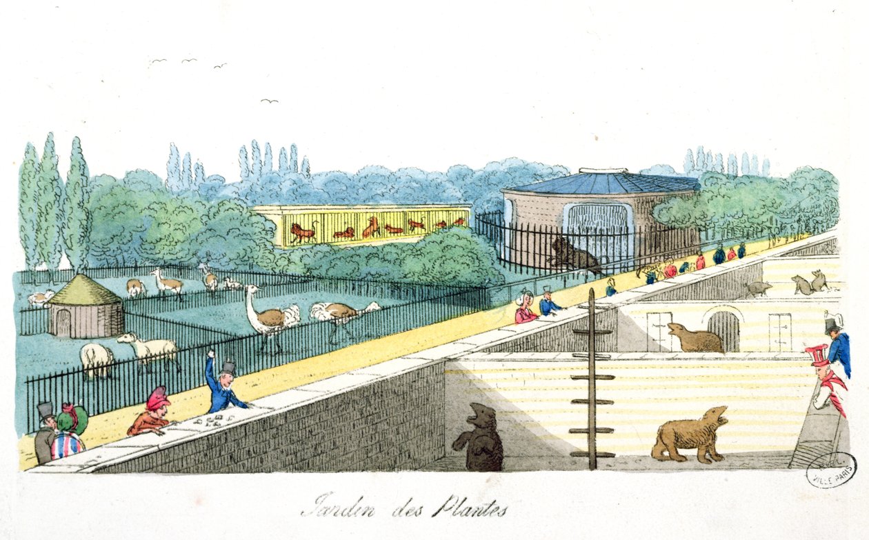 Besøkende ved Jardin de Plantes, Paris, fra De Paris a Douvres av Roger Bookem, 1822 av English School
