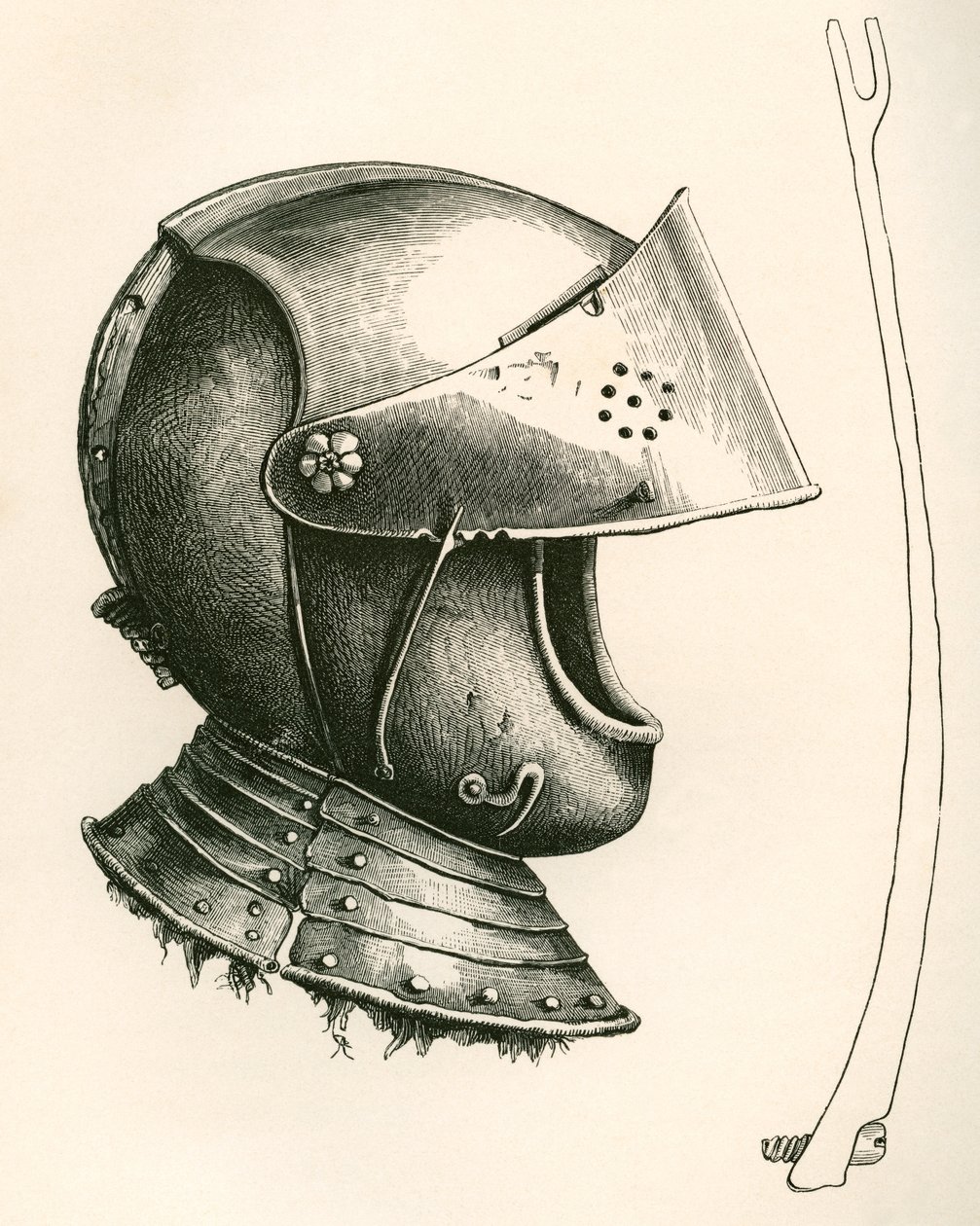 Visirhjelm fra ca. 1643. Stykket på siden er visirstøtten, i full størrelse, som brukes til å holde visiret i forskjellige vinkler i henhold til hakket som brukes, fra The British Army: Its Origins, Progress and Equipment, publisert 1868. av English School