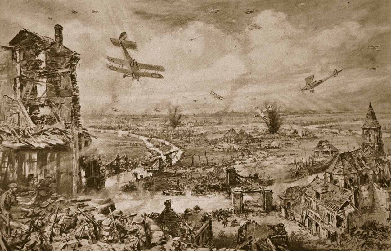 Levende inntrykk av den forferdelige kampen for Armentieres i april, 1918, 1918-19 av English School