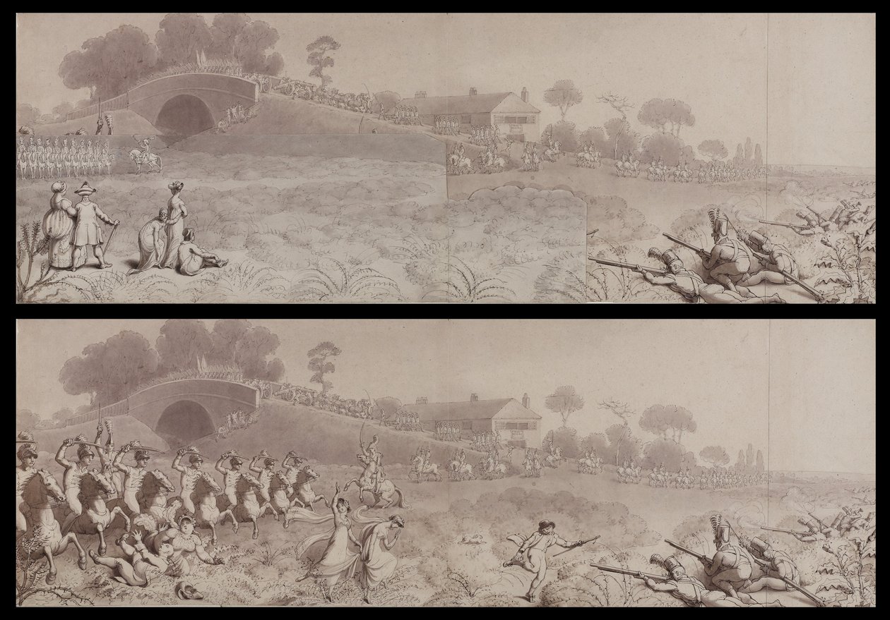 Frivillig gjennomgang på Wormwood Scrubs som viser Mitre Tavern og Mitre Bridge, Hammersmith, ca. 1800 (vask på papir) av English School