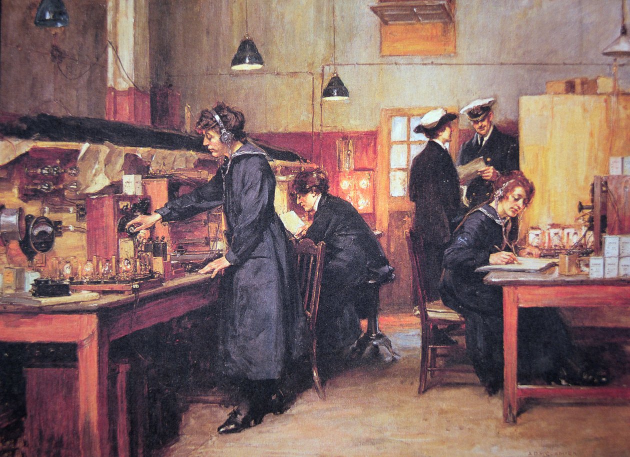 WWI kvinnelige radio- og telefonoperatører av Royal Navy (farge litho) av English School