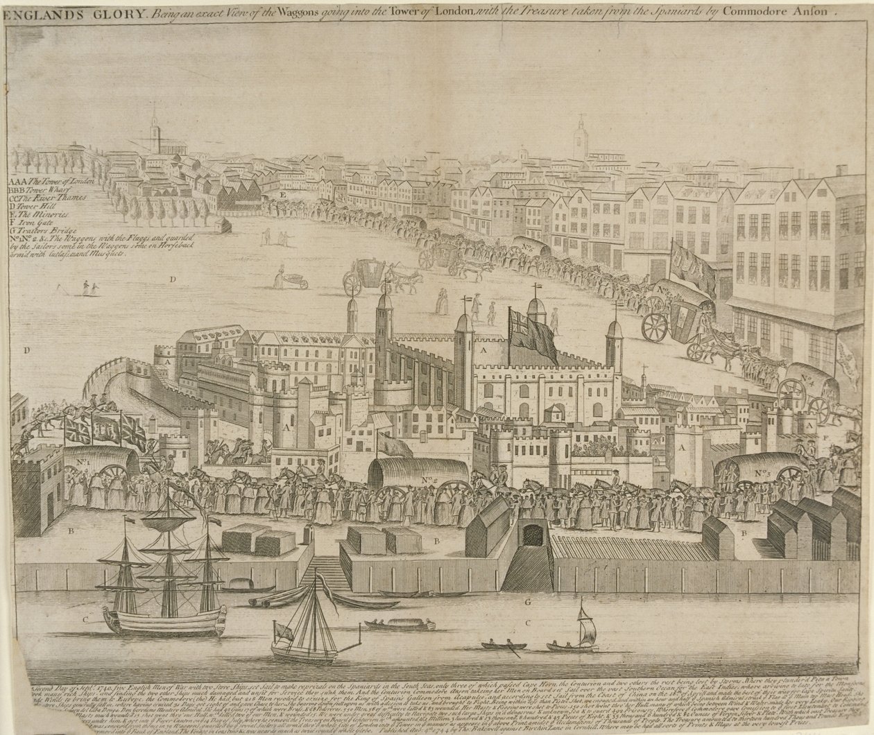 Vogne med skatter som ble ført inn i Tower of London, 1744 av English School