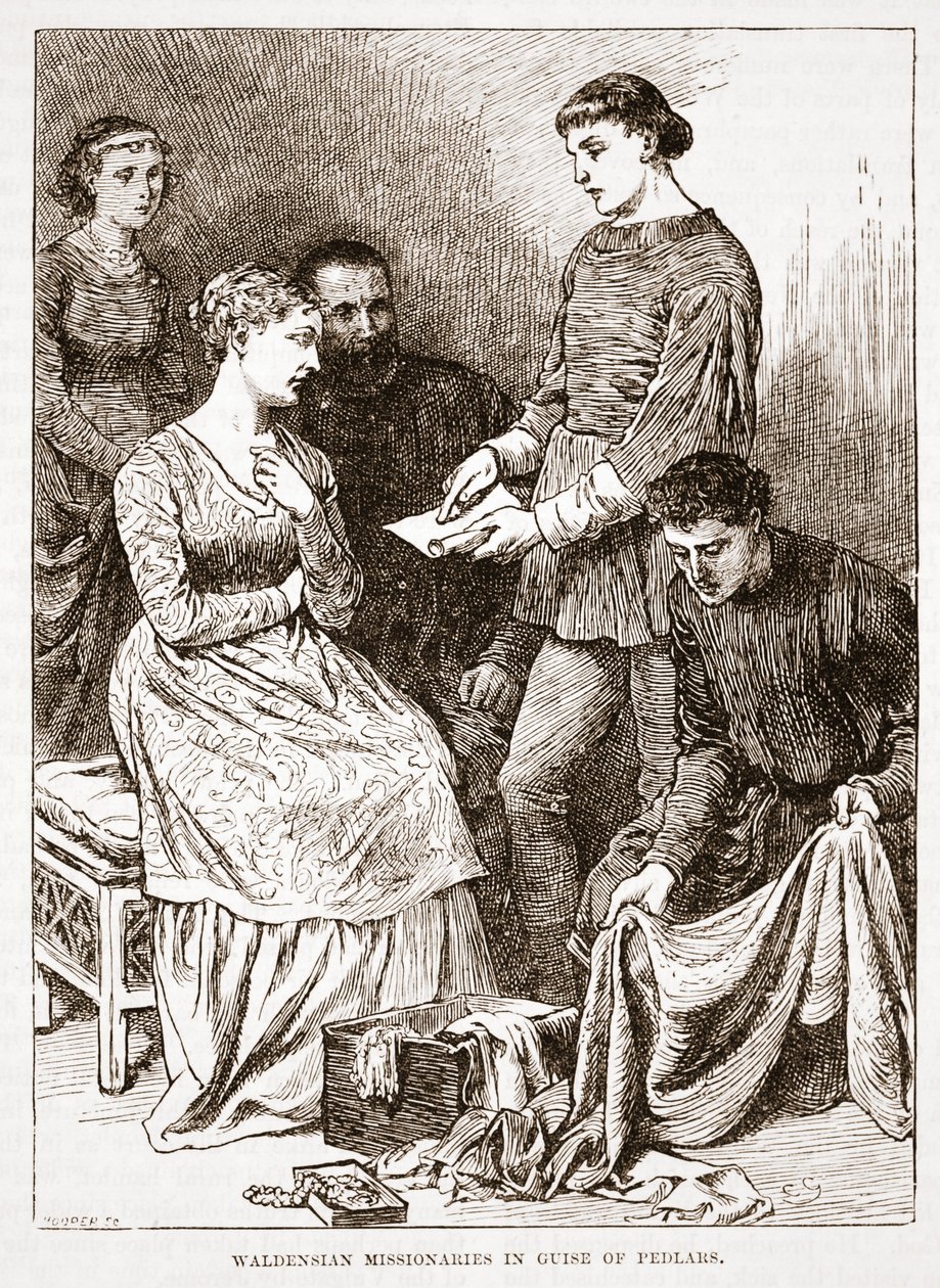 Waldensiske misjonærer i skikkelse av Pedlars, illustrasjon fra The History of Protestantism av James Aitken Wylie (1808-1890), pub. 1878 av English School