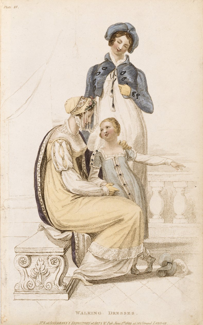 Walking Dresses, motetallerken fra Ackermanns Repository of Arts, pub. 1 juni 1809 av English School
