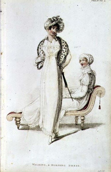 Gå- og morgenkjole, moteplate fra Ackermanns Repository of Arts (farget gravering) av English School